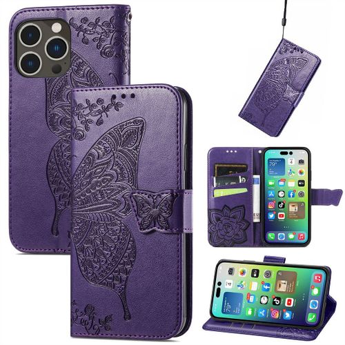 Saturcase Coque Pour Apple Iphone 14 Pro, Papillon Fleurs Pu Cuir Magnétique Flip Portefeuille Support Porte-Carte Protecteur Housse Étui Avec Dragonne Pour Apple Iphone 14 Pro (Hf-Violet)