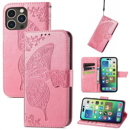 Saturcase Coque Pour Apple Iphone 14 Pro, Papillon Fleurs Pu Cuir Magnétique Flip Portefeuille Support Porte-Carte Protecteur Housse Étui Avec Dragonne Pour Apple Iphone 14 Pro (Hf-Pink)