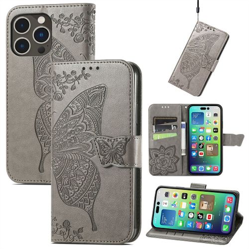 Saturcase Coque Pour Apple Iphone 14 Pro, Papillon Fleurs Pu Cuir Magnétique Flip Portefeuille Support Porte-Carte Protecteur Housse Étui Avec Dragonne Pour Apple Iphone 14 Pro (Hf-Gris)