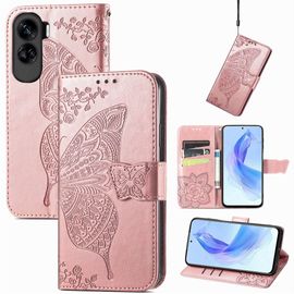 Saturcase Coque Pour Honor 90 Lite, Papillon Fleurs Pu Cuir Magnétique Flip Portefeuille Support Porte-Carte Protecteur Housse Étui Avec Dragonne Pour Honor 90 Lite (Hf-Or Rose)