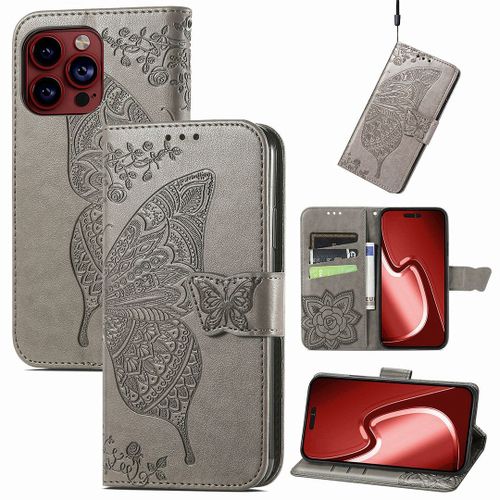 Saturcase Coque Pour Apple Iphone 15 Pro Max, Papillon Fleurs Pu Cuir Magnétique Flip Portefeuille Support Porte-Carte Protecteur Housse Étui Avec Dragonne Pour Apple Iphone 15 Pro Max (Hf-Gris)