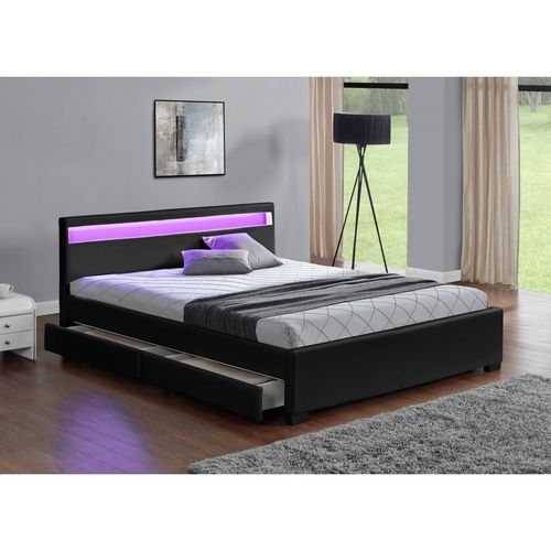Lit Enfield - Structure De Lit En Pu Noir Avec Rangements Et Led Intégrées - 160x200 Cm