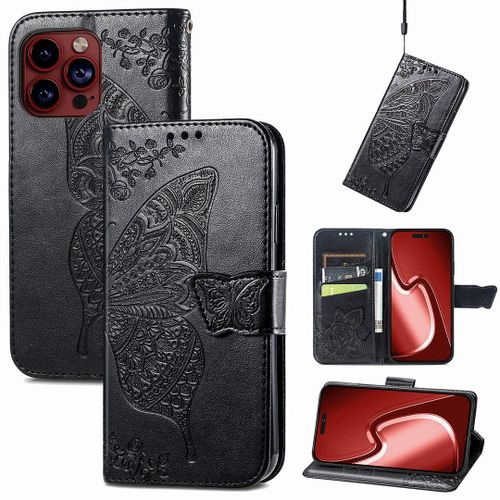 Saturcase Coque Pour Apple Iphone 15 Pro Max, Papillon Fleurs Pu Cuir Magnétique Flip Portefeuille Support Porte-Carte Protecteur Housse Étui Avec Dragonne Pour Apple Iphone 15 Pro Max (Hf-Noir)