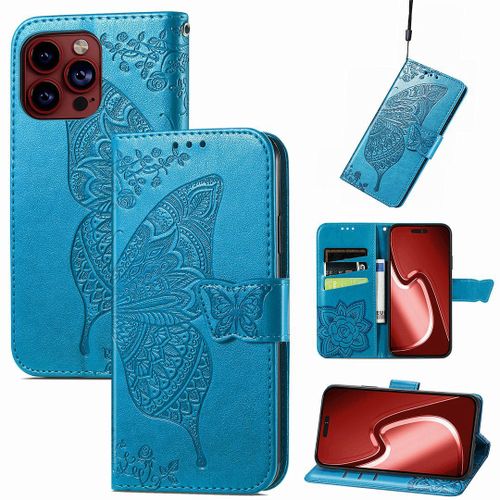 Saturcase Coque Pour Apple Iphone 15 Pro Max, Papillon Fleurs Pu Cuir Magnétique Flip Portefeuille Support Porte-Carte Protecteur Housse Étui Avec Dragonne Pour Apple Iphone 15 Pro Max (Hf-Bleu)