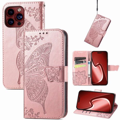 Saturcase Coque Pour Apple Iphone 15 Pro Max, Papillon Fleurs Pu Cuir Magnétique Flip Portefeuille Support Porte-Carte Protecteur Housse Étui Avec Dragonne Pour Apple Iphone 15 Pro Max (Hf-Or Rose)