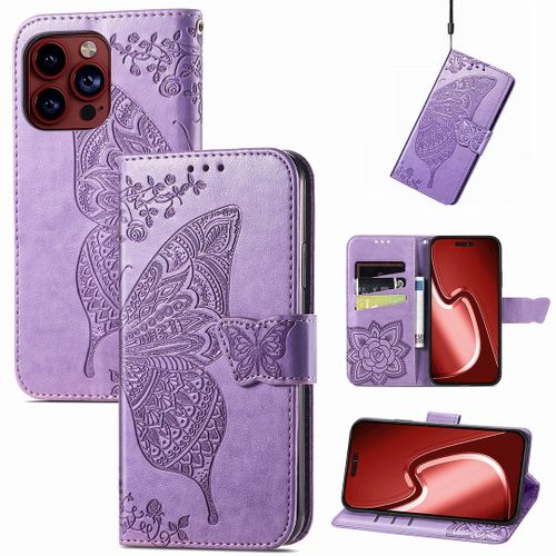 Saturcase Coque Pour Apple Iphone 15 Pro Max, Papillon Fleurs Pu Cuir Magnétique Flip Portefeuille Support Porte-Carte Protecteur Housse Étui Avec Dragonne Pour Apple Iphone 15 Pro Max (Hf-Lavande)