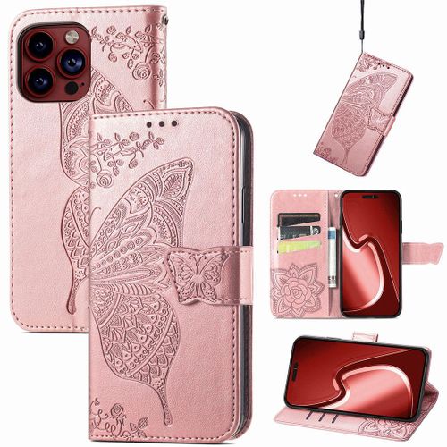 Saturcase Coque Pour Apple Iphone 15 Pro, Papillon Fleurs Pu Cuir Magnétique Flip Portefeuille Support Porte-Carte Protecteur Housse Étui Avec Dragonne Pour Apple Iphone 15 Pro (Hf-Or Rose)