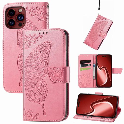 Saturcase Coque Pour Apple Iphone 15 Pro, Papillon Fleurs Pu Cuir Magnétique Flip Portefeuille Support Porte-Carte Protecteur Housse Étui Avec Dragonne Pour Apple Iphone 15 Pro (Hf-Pink)