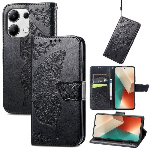 Saturcase Coque Pour Xiaomi Redmi Note 13 4g, Papillon Fleurs Pu Cuir Magnétique Flip Portefeuille Support Porte-Carte Protecteur Housse Étui Avec Dragonne Pour Xiaomi Redmi Note 13 4g (Hf-Noir)