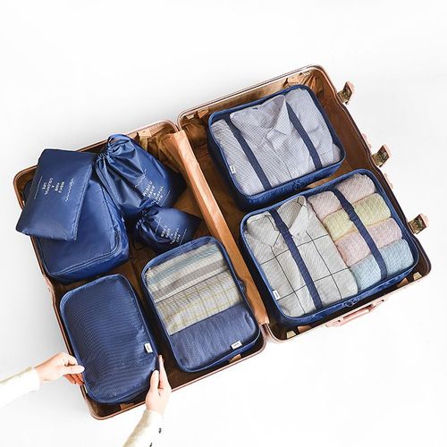 Sacs de rangement de voyage bleus, 8 pièces/ensemble, pour accessoires de voyage, organisateur de voyage, bagages cosmétiques, grande valise, Kit de voyage