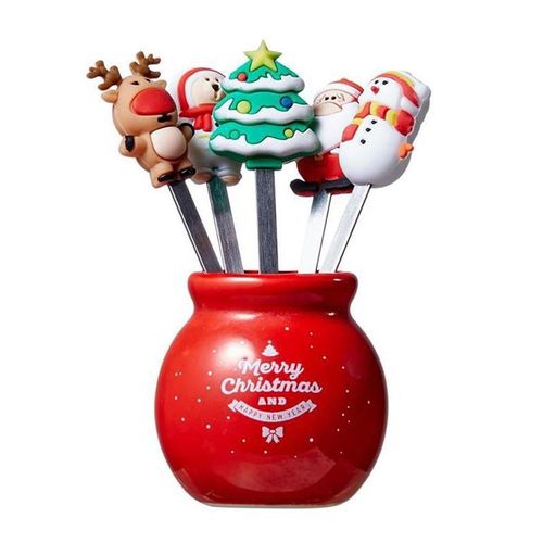 Porte-Fourchette De Noël En Acier, 5 Pièces/Ensemble, Dessin Animé Mignon Père Noël Dessert Fruits Salade Couverts Nourriture Avec Fourchettes Fruits Mini Porte-Fourchette De Noël