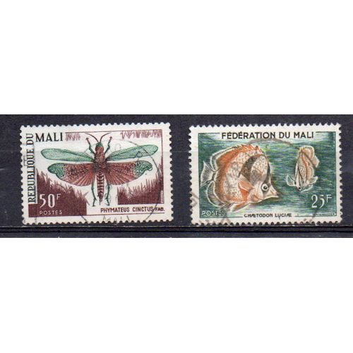 Mali- Lot De 2 Timbres Oblitérés- Insecte- Poisson