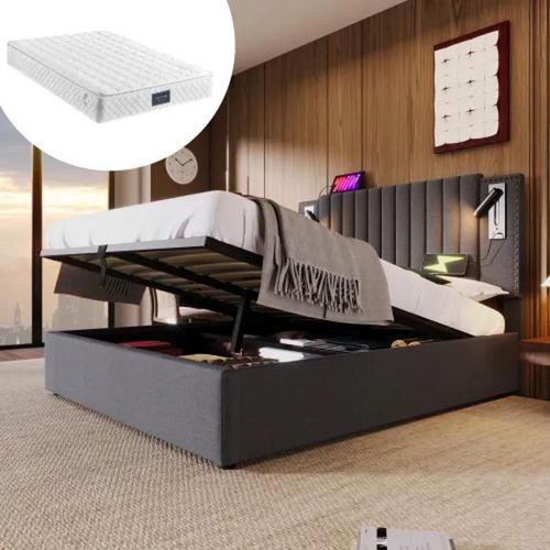 160x200, Lit Double, Lampe De Lecture Avec Chargeur Usb, Lit Avec Sommier  Lattes Et Coffre De Rangement, Gris (Avec Matelas)