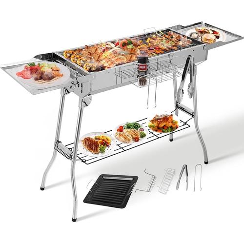 Barbecue à Charbon Pliant Portable, Grill Charbon de Bois avec Double Ailes, pour Camping et Pique Nique, BBQ 122 x 30 x 75cm