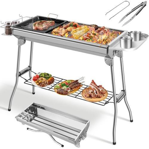 Barbecue à Charbon Pliant Portable, Grill Charbon de Bois XXL, BBQ de Table en Acier Inoxydable, avec Poêle à Frire 118 x 33 x 72 cm