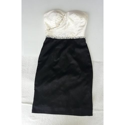 Liu. C Robe Soirée Satin Bustier Broderie Perles Riviere Diams Ceinture Ivoire & Noir Cocktail Mariage 36 Fourreau Bicolor Court Jupe Noire Ceremonie Chic Feminin Glamour Habillé Celebration Sorti Rdv