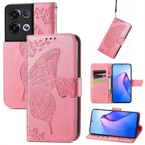 Saturcase Coque Pour Oppo Reno 8 Pro 5g, Papillon Fleurs Pu Cuir Magnétique Flip Portefeuille Support Porte-Carte Protecteur Housse Étui Avec Dragonne Pour Oppo Reno 8 Pro 5g (Hf-Pink)