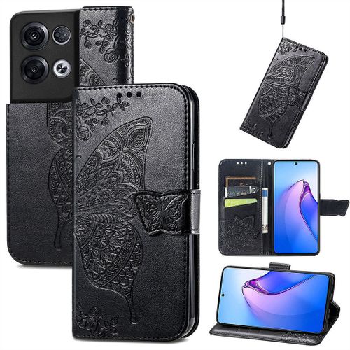 Saturcase Coque Pour Oppo Reno 8 Pro 5g, Papillon Fleurs Pu Cuir Magnétique Flip Portefeuille Support Porte-Carte Protecteur Housse Étui Avec Dragonne Pour Oppo Reno 8 Pro 5g (Hf-Noir)