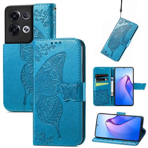 Saturcase Coque Pour Oppo Reno 8 Pro 5g, Papillon Fleurs Pu Cuir Magnétique Flip Portefeuille Support Porte-Carte Protecteur Housse Étui Avec Dragonne Pour Oppo Reno 8 Pro 5g (Hf-Bleu)