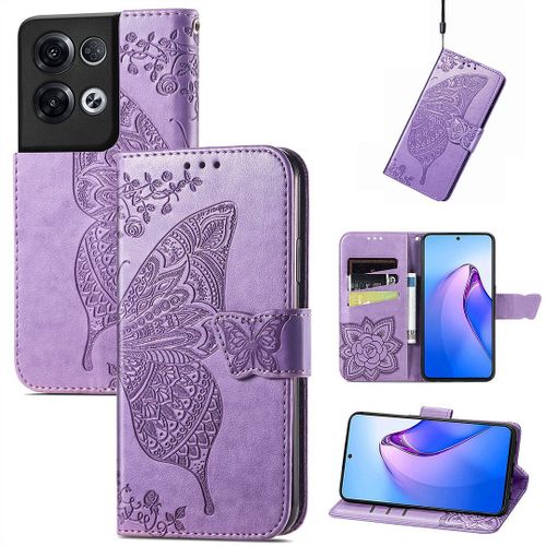 Saturcase Coque Pour Oppo Reno 8 Pro 5g, Papillon Fleurs Pu Cuir Magnétique Flip Portefeuille Support Porte-Carte Protecteur Housse Étui Avec Dragonne Pour Oppo Reno 8 Pro 5g (Hf-Lavande)