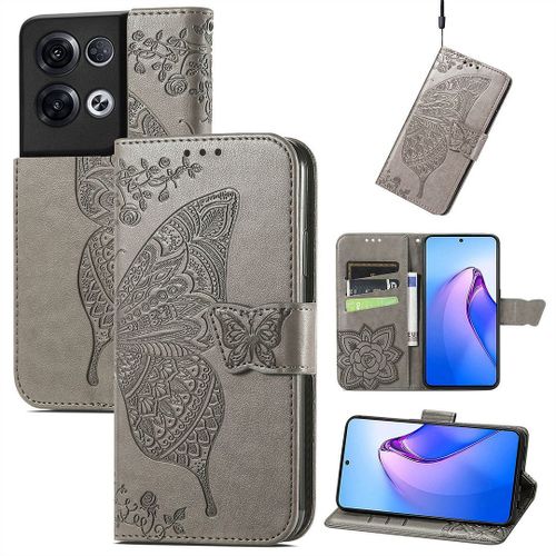 Saturcase Coque Pour Oppo Reno 8 Pro 5g, Papillon Fleurs Pu Cuir Magnétique Flip Portefeuille Support Porte-Carte Protecteur Housse Étui Avec Dragonne Pour Oppo Reno 8 Pro 5g (Hf-Gris)