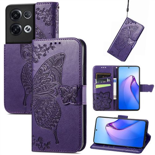 Saturcase Coque Pour Oppo Reno 8 Pro 5g, Papillon Fleurs Pu Cuir Magnétique Flip Portefeuille Support Porte-Carte Protecteur Housse Étui Avec Dragonne Pour Oppo Reno 8 Pro 5g (Hf-Violet)