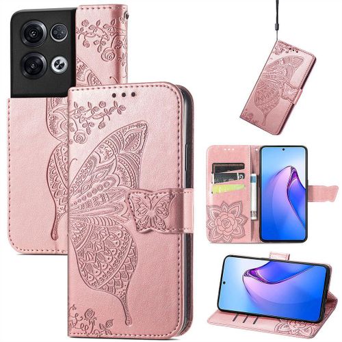 Saturcase Coque Pour Oppo Reno 8 Pro 5g, Papillon Fleurs Pu Cuir Magnétique Flip Portefeuille Support Porte-Carte Protecteur Housse Étui Avec Dragonne Pour Oppo Reno 8 Pro 5g (Hf-Or Rose)