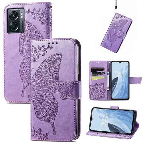 Saturcase Coque Pour Oneplus Nord N300, Papillon Fleurs Pu Cuir Magnétique Flip Portefeuille Support Porte-Carte Protecteur Housse Étui Avec Dragonne Pour Oneplus Nord N300 (Hf-Lavande)