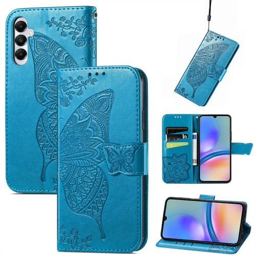 Saturcase Coque Pour Samsung Galaxy A05s, Papillon Fleurs Pu Cuir Magnétique Flip Portefeuille Support Porte-Carte Protecteur Housse Étui Avec Dragonne Pour Samsung Galaxy A05s (Hf-Bleu)