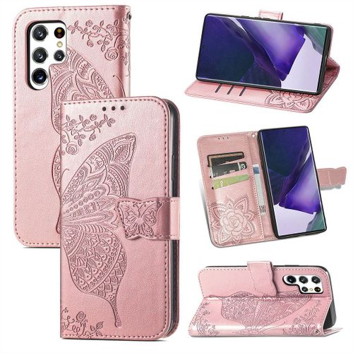 Saturcase Coque Pour Samsung Galaxy S22 Ultra, Papillon Fleurs Pu Cuir Magnétique Flip Portefeuille Support Porte-Carte Protecteur Housse Étui Avec Dragonne Pour Samsung Galaxy S22 Ultra (Hf-Or Rose)