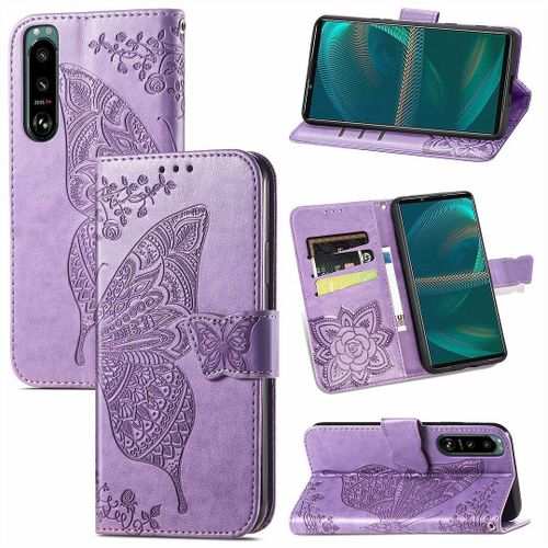 Saturcase Coque Pour Sony Xperia 5 Iii 2021, Papillon Fleurs Pu Cuir Magnétique Flip Portefeuille Support Porte-Carte Protecteur Housse Étui Avec Dragonne Pour Sony Xperia 5 Iii 2021 (Hf-Lavande)