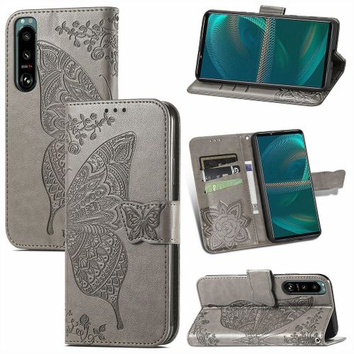 Saturcase Coque Pour Sony Xperia 5 Iii 2021, Papillon Fleurs Pu Cuir Magnétique Flip Portefeuille Support Porte-Carte Protecteur Housse Étui Avec Dragonne Pour Sony Xperia 5 Iii 2021 (Hf-Gris)