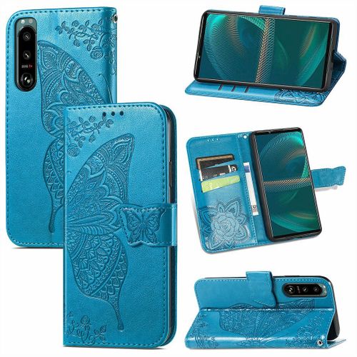 Saturcase Coque Pour Sony Xperia 5 Iii 2021, Papillon Fleurs Pu Cuir Magnétique Flip Portefeuille Support Porte-Carte Protecteur Housse Étui Avec Dragonne Pour Sony Xperia 5 Iii 2021 (Hf-Bleu)