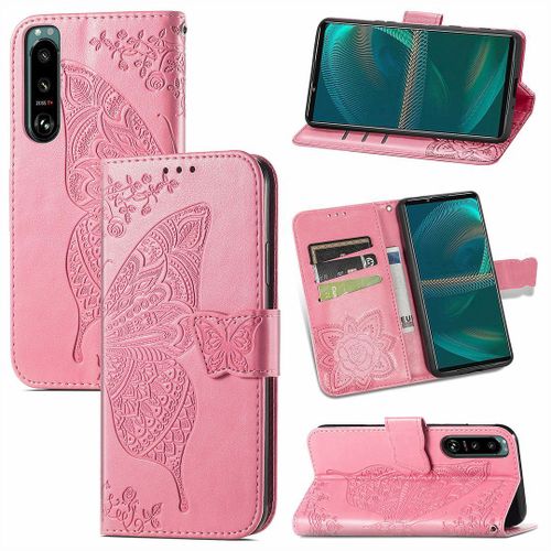 Saturcase Coque Pour Sony Xperia 5 Iii 2021, Papillon Fleurs Pu Cuir Magnétique Flip Portefeuille Support Porte-Carte Protecteur Housse Étui Avec Dragonne Pour Sony Xperia 5 Iii 2021 (Hf-Pink)