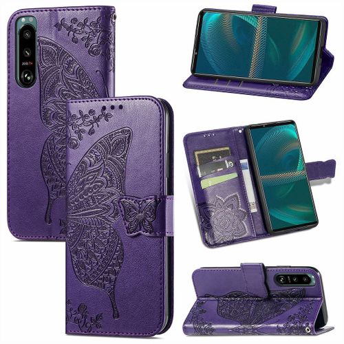 Saturcase Coque Pour Sony Xperia 5 Iii 2021, Papillon Fleurs Pu Cuir Magnétique Flip Portefeuille Support Porte-Carte Protecteur Housse Étui Avec Dragonne Pour Sony Xperia 5 Iii 2021 (Hf-Violet)