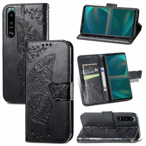 Saturcase Coque Pour Sony Xperia 5 Iii 2021, Papillon Fleurs Pu Cuir Magnétique Flip Portefeuille Support Porte-Carte Protecteur Housse Étui Avec Dragonne Pour Sony Xperia 5 Iii 2021 (Hf-Noir)
