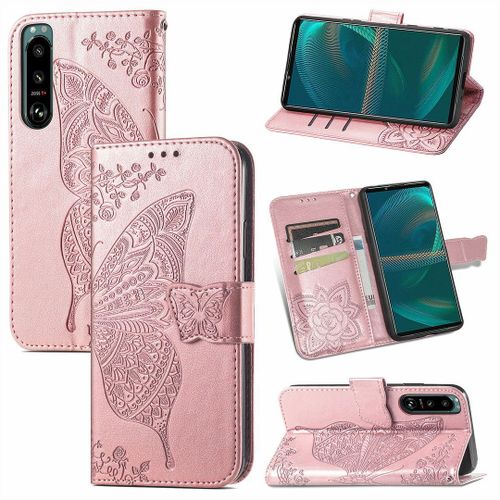 Saturcase Coque Pour Sony Xperia 5 Iii 2021, Papillon Fleurs Pu Cuir Magnétique Flip Portefeuille Support Porte-Carte Protecteur Housse Étui Avec Dragonne Pour Sony Xperia 5 Iii 2021 (Hf-Or Rose)