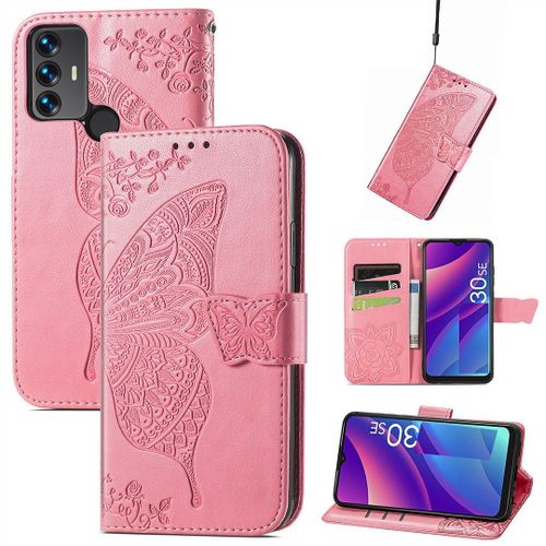 Saturcase Coque Pour Tcl 30 Se / Tcl 305 / Tcl 306, Papillon Fleurs Pu Cuir Magnétique Flip Portefeuille Support Porte-Carte Protecteur Housse Étui Avec Dragonne Pour Tcl 30 Se / Tcl 305 / Tcl 306 (Hf-Pink)
