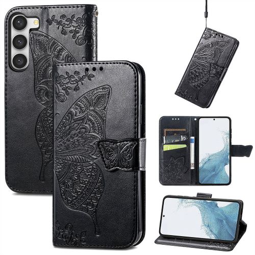Saturcase Coque Pour Samsung Galaxy S23, Papillon Fleurs Pu Cuir Magnétique Flip Portefeuille Support Porte-Carte Protecteur Housse Étui Avec Dragonne Pour Samsung Galaxy S23 (Hf-Noir)