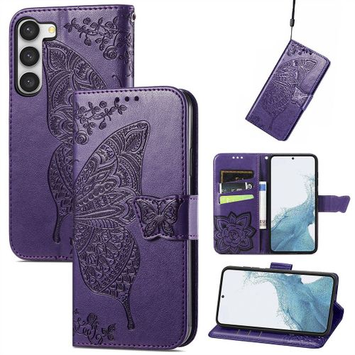 Saturcase Coque Pour Samsung Galaxy S23, Papillon Fleurs Pu Cuir Magnétique Flip Portefeuille Support Porte-Carte Protecteur Housse Étui Avec Dragonne Pour Samsung Galaxy S23 (Hf-Violet)