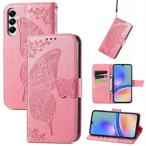 Saturcase Coque Pour Samsung Galaxy A05s, Papillon Fleurs Pu Cuir Magnétique Flip Portefeuille Support Porte-Carte Protecteur Housse Étui Avec Dragonne Pour Samsung Galaxy A05s (Hf-Pink)