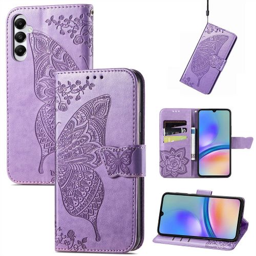 Saturcase Coque Pour Samsung Galaxy A05s, Papillon Fleurs Pu Cuir Magnétique Flip Portefeuille Support Porte-Carte Protecteur Housse Étui Avec Dragonne Pour Samsung Galaxy A05s (Hf-Lavande)
