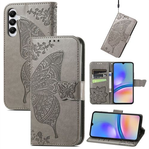 Saturcase Coque Pour Samsung Galaxy A05s, Papillon Fleurs Pu Cuir Magnétique Flip Portefeuille Support Porte-Carte Protecteur Housse Étui Avec Dragonne Pour Samsung Galaxy A05s (Hf-Gris)