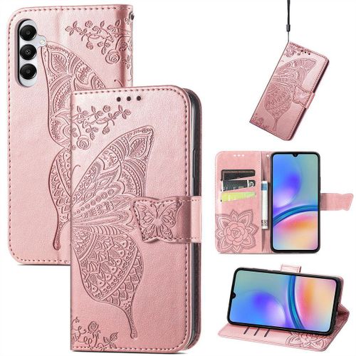 Saturcase Coque Pour Samsung Galaxy A05s, Papillon Fleurs Pu Cuir Magnétique Flip Portefeuille Support Porte-Carte Protecteur Housse Étui Avec Dragonne Pour Samsung Galaxy A05s (Hf-Or Rose)