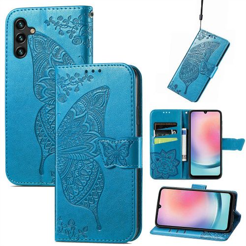 Saturcase Coque Pour Samsung Galaxy A24 4g, Papillon Fleurs Pu Cuir Magnétique Flip Portefeuille Support Porte-Carte Protecteur Housse Étui Avec Dragonne Pour Samsung Galaxy A24 4g (Hf-Bleu)