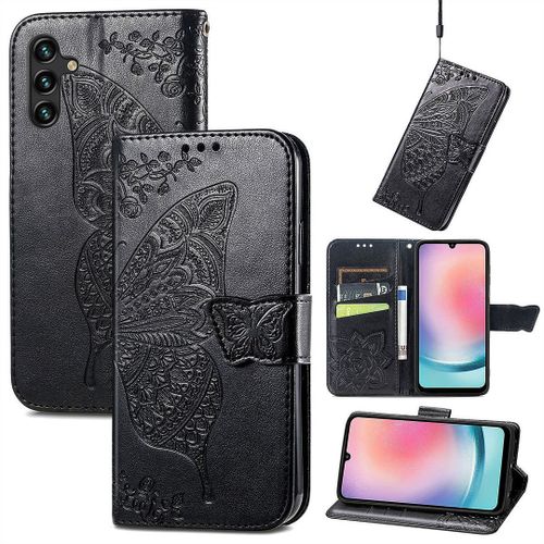 Saturcase Coque Pour Samsung Galaxy A24 4g, Papillon Fleurs Pu Cuir Magnétique Flip Portefeuille Support Porte-Carte Protecteur Housse Étui Avec Dragonne Pour Samsung Galaxy A24 4g (Hf-Noir)