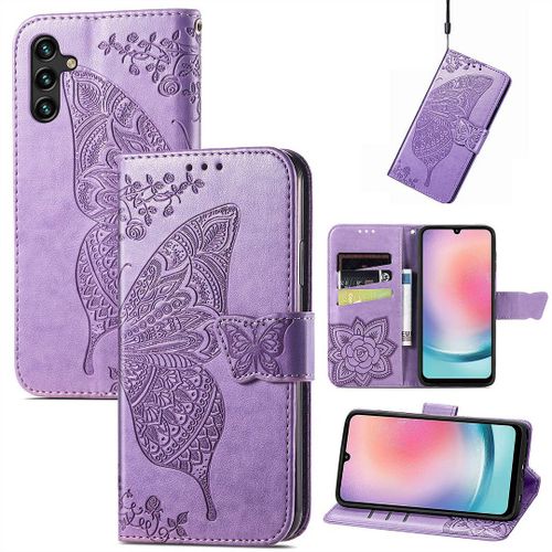 Saturcase Coque Pour Samsung Galaxy A24 4g, Papillon Fleurs Pu Cuir Magnétique Flip Portefeuille Support Porte-Carte Protecteur Housse Étui Avec Dragonne Pour Samsung Galaxy A24 4g (Hf-Lavande)