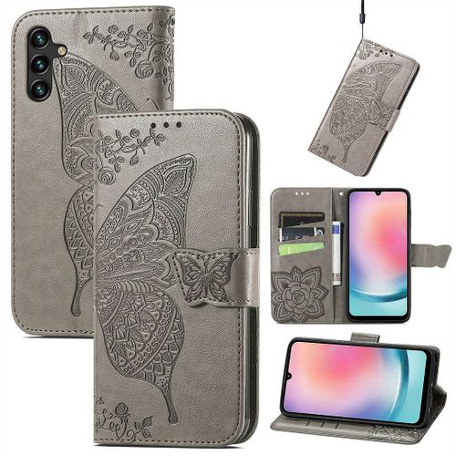 Saturcase Coque Pour Samsung Galaxy A24 4g, Papillon Fleurs Pu Cuir Magnétique Flip Portefeuille Support Porte-Carte Protecteur Housse Étui Avec Dragonne Pour Samsung Galaxy A24 4g (Hf-Gris)