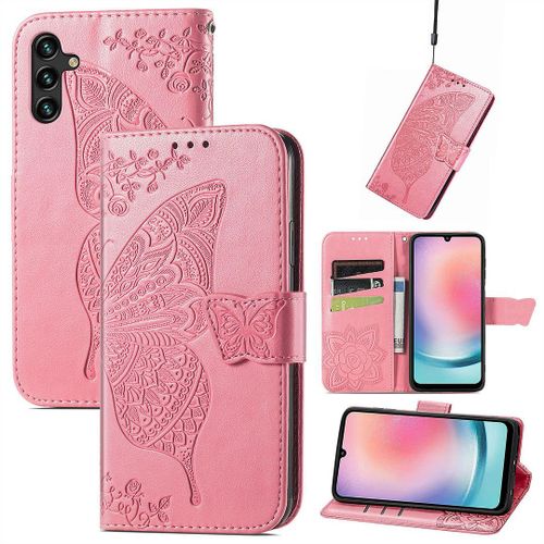 Saturcase Coque Pour Samsung Galaxy A24 4g, Papillon Fleurs Pu Cuir Magnétique Flip Portefeuille Support Porte-Carte Protecteur Housse Étui Avec Dragonne Pour Samsung Galaxy A24 4g (Hf-Pink)