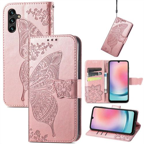 Saturcase Coque Pour Samsung Galaxy A24 4g, Papillon Fleurs Pu Cuir Magnétique Flip Portefeuille Support Porte-Carte Protecteur Housse Étui Avec Dragonne Pour Samsung Galaxy A24 4g (Hf-Or Rose)